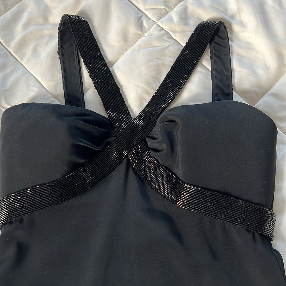 Vintage Cache Black Sheath Cocktail Mini Dress V Neck ThickStraps Beading Size 4 - Picture 1 of 17